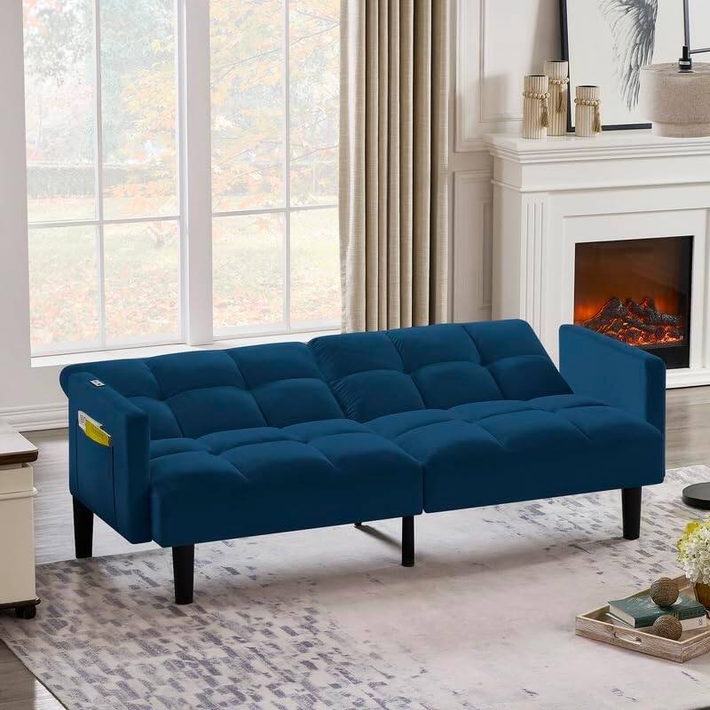 Alt View 3. Trinkets Crazed - Velvet Futon Couch Convertible Folding Sofa Bed Tufted Couch for Apartment  - blue.