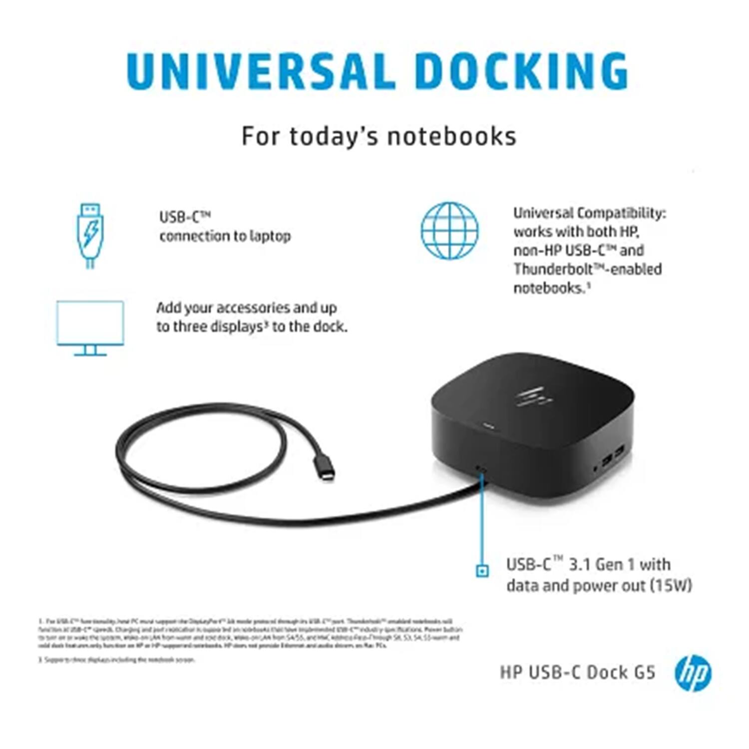 UNIVERSAL DOCKING  
For today's notebooks  

USB-C™ connection to laptop  
Add your accessories and up to three displays* to the dock.  

Universal Compatibility: works with both HP, non-HP USB-C™ and Thunderbolt™-enabled notebooks.  

USB-C™ 3.1 Gen 1 with data and power out (15W)  

HP USB-C Dock G5  

hp