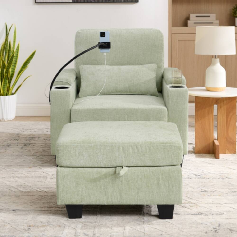 Angle. LUCKY ONE - Single Sofa Recliner w/ Manual Backrest USB Port Cup Holders Hidden Storage Ottoman - Cyan.