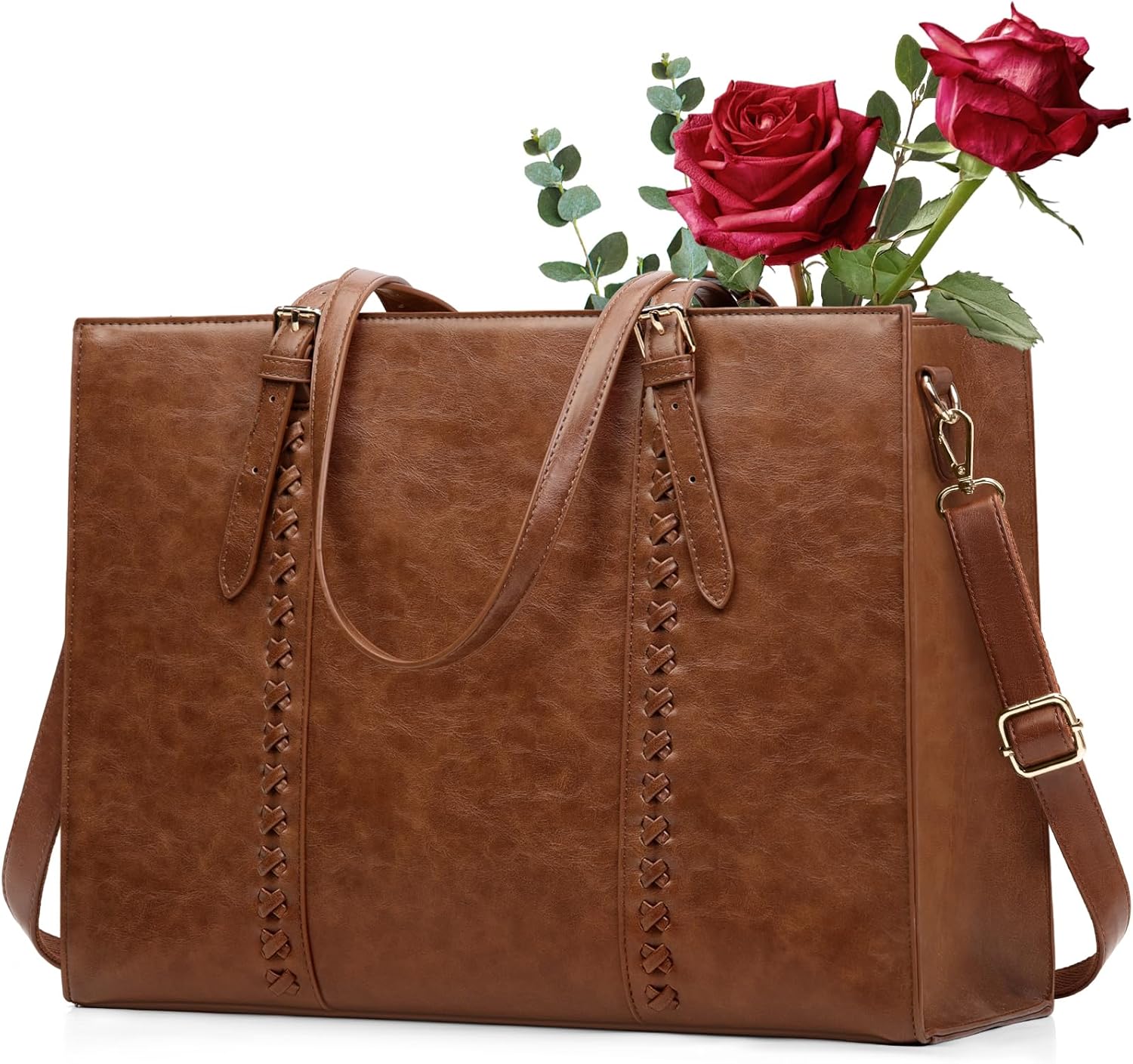 Front. Vulpecula Spade - Laptop Bag for Women, 15.6 inch Laptop Tote Bag PU Leather Computer Work Bag Lightweight Shoulder Handbags - Brown.