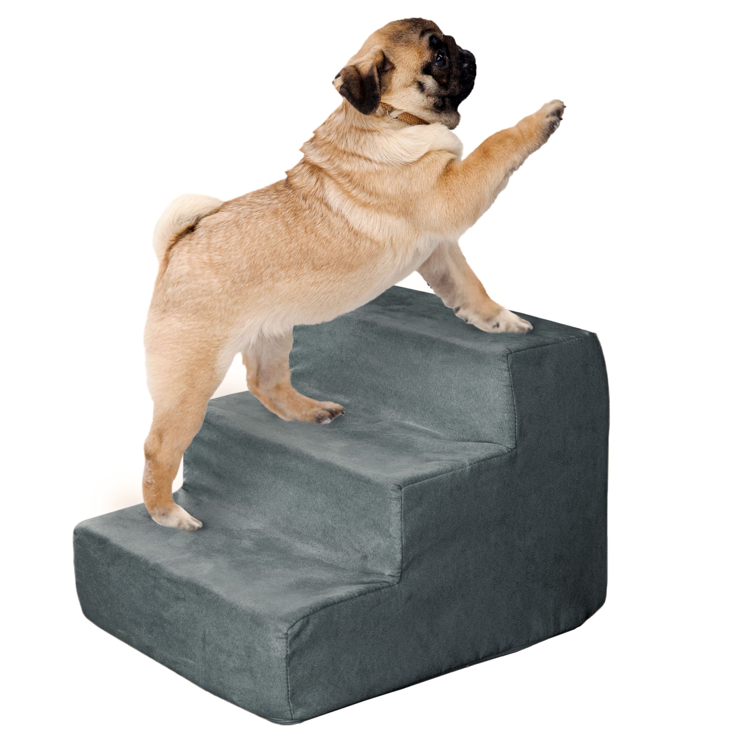 PetMaker - Dog Stairs for Small Dogs 3-Step Dog Steps for High Bed and Couch - Pet Stairs with Nonslip Bottom, Foam, and Cover - Gray