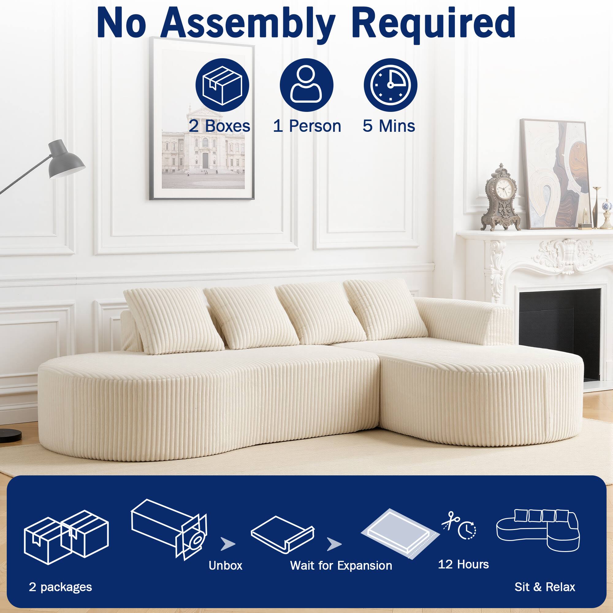 No Assembly Required  
2 Boxes  
1 Person  
5 Mins  

2 packages  
Unbox  
Wait for Expansion  
12 Hours  
Sit & Relax
