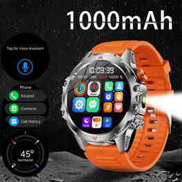 PRIMEPLUS - Tactical Smart Watch, 1000mAh Battery, LED Flashlight, Compass, 1.46" HD, IP68, Heart Rate/SpO2/Sleep, 60 Days Standby - Orange - (2024)