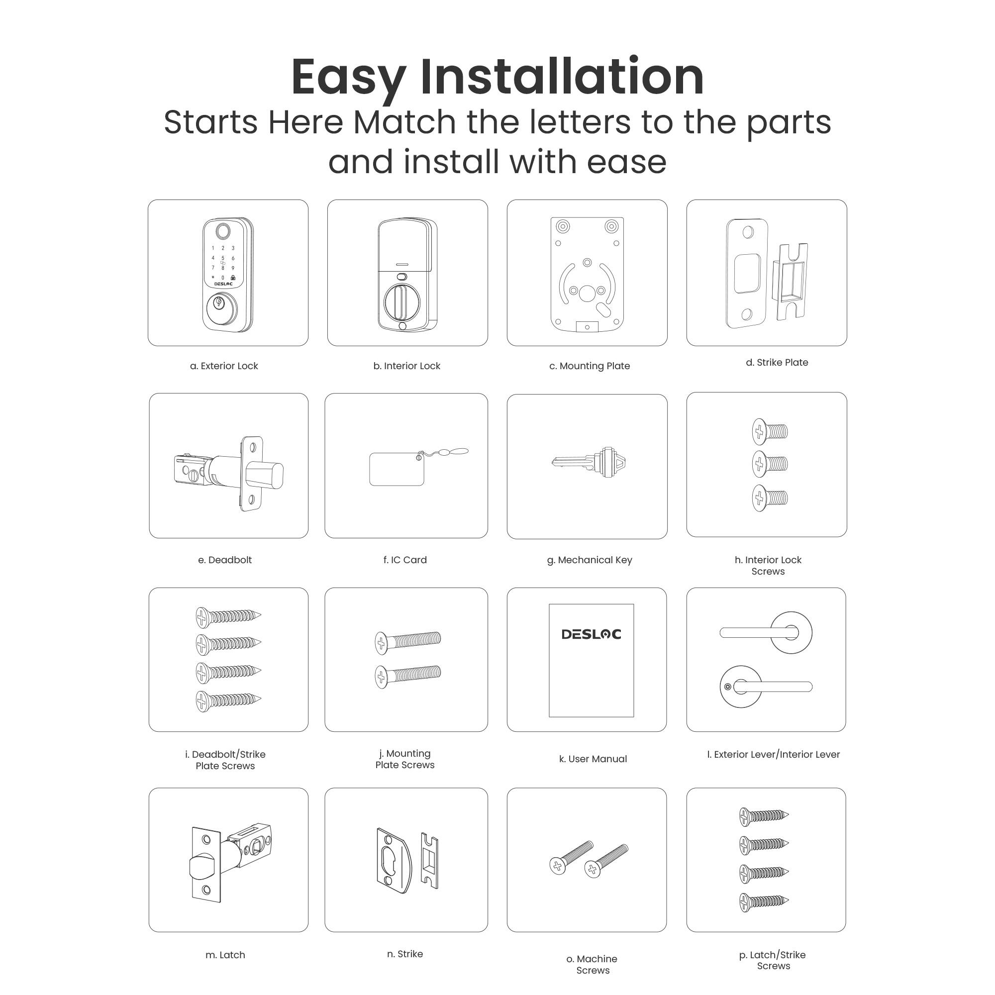 Easy Installation  
Starts Here  
Match the letters to the parts and install with ease

a. Exterior Lock  
b. Interior Lock  
c. Mounting Plate  
d. Strike Plate  
e. Deadbolt  
f. IC Card  
g. Mechanical Key  
h. Interior Lock Screws  
i. Deadbolt/Strike Plate Screws  
j. Mounting Plate Screws  
k. User Manual  
l. Exterior Lever/Interior Lever  
m. Latch  
n. Strike  
o. Machine Screws  
p. Latch/Strike Screws
