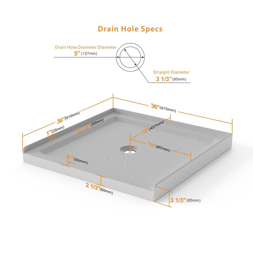 Drain Hole Specs

Grain Hole Diameter: 5" (127mm)

Straight Diameter: 3 1/3" (85mm)

- 36" (915mm)
- 1" (25mm)
- 2" (50mm)
- 2 1/3" (60mm)
- 18" (457mm)
- 18" (457mm)
- 3 1/3" (85mm)