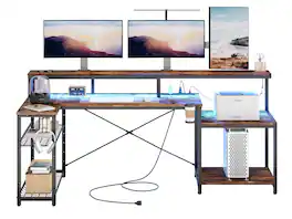 Bestier - L-Shaped Gaming Desk with Power Outlets, LED Lighting and Monitor Stand - Brown