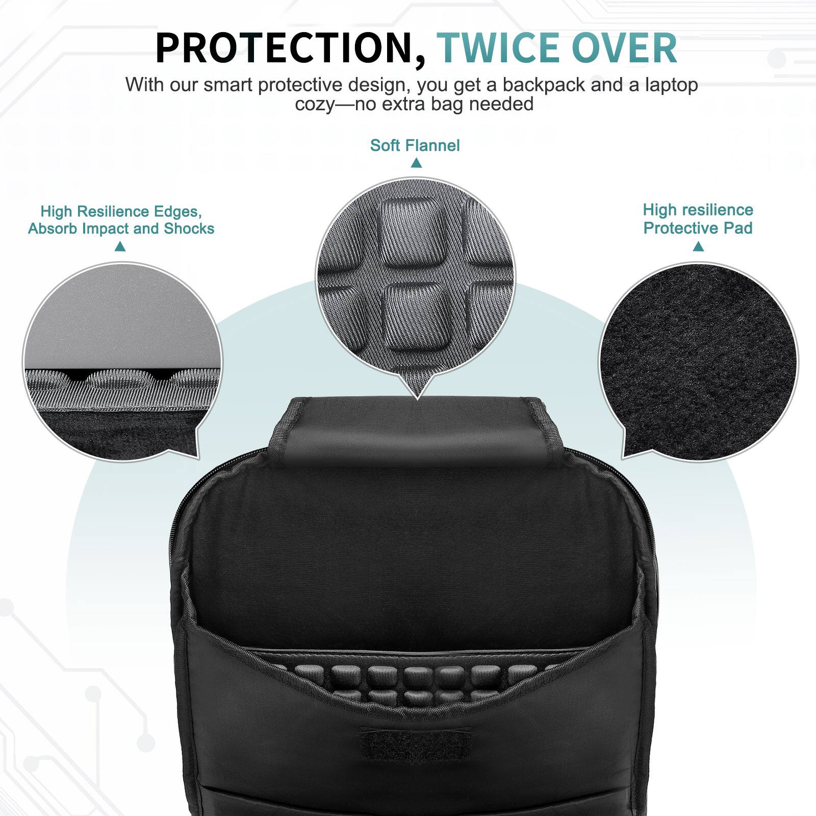**PROTECTION, TWICE OVER**

With our smart protective design, you get a backpack and a laptop cozy—no extra bag needed

- **Soft Flannel**
- **High Resilience Edges, Absorb Impact and Shocks**
- **High resilience Protective Pad**