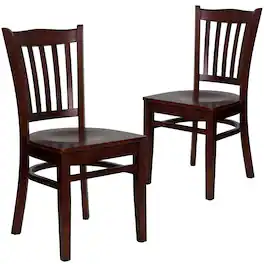 Emma + Oliver - 2 Pack Vertical Slat Back Wooden Restaurant Chair - Mahogany Wood Seat/Mahogany Wood Frame