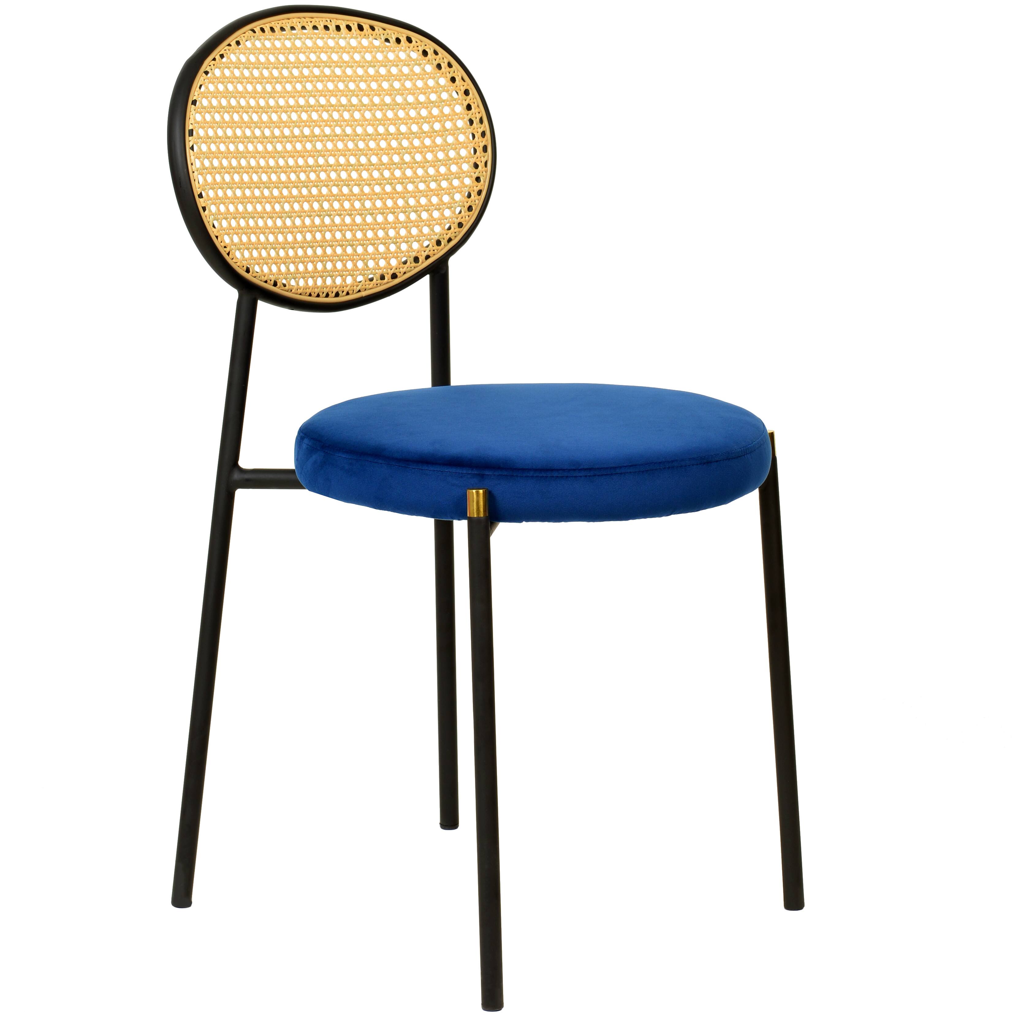 Alt View 3. LeisureMod - Euston Modern Gold Tip Dining Chair, Mid-Century Rattan Cane Back Accent Armless Chair - Velvet Upholstered Cushion - Navy Blue.