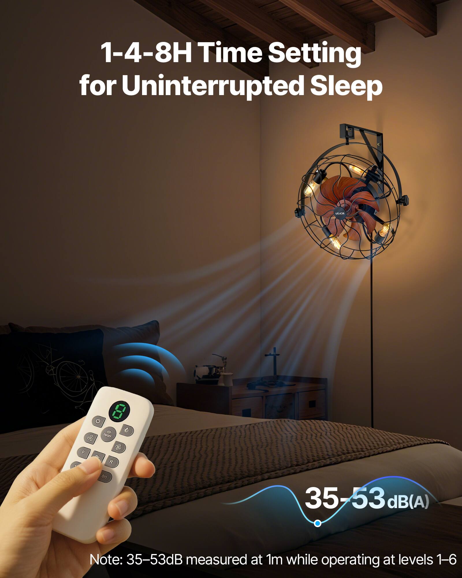 1-4-8H Time Setting for Uninterrupted Sleep

Note: 35-53dB(A) measured at 1m while operating at levels 1-6