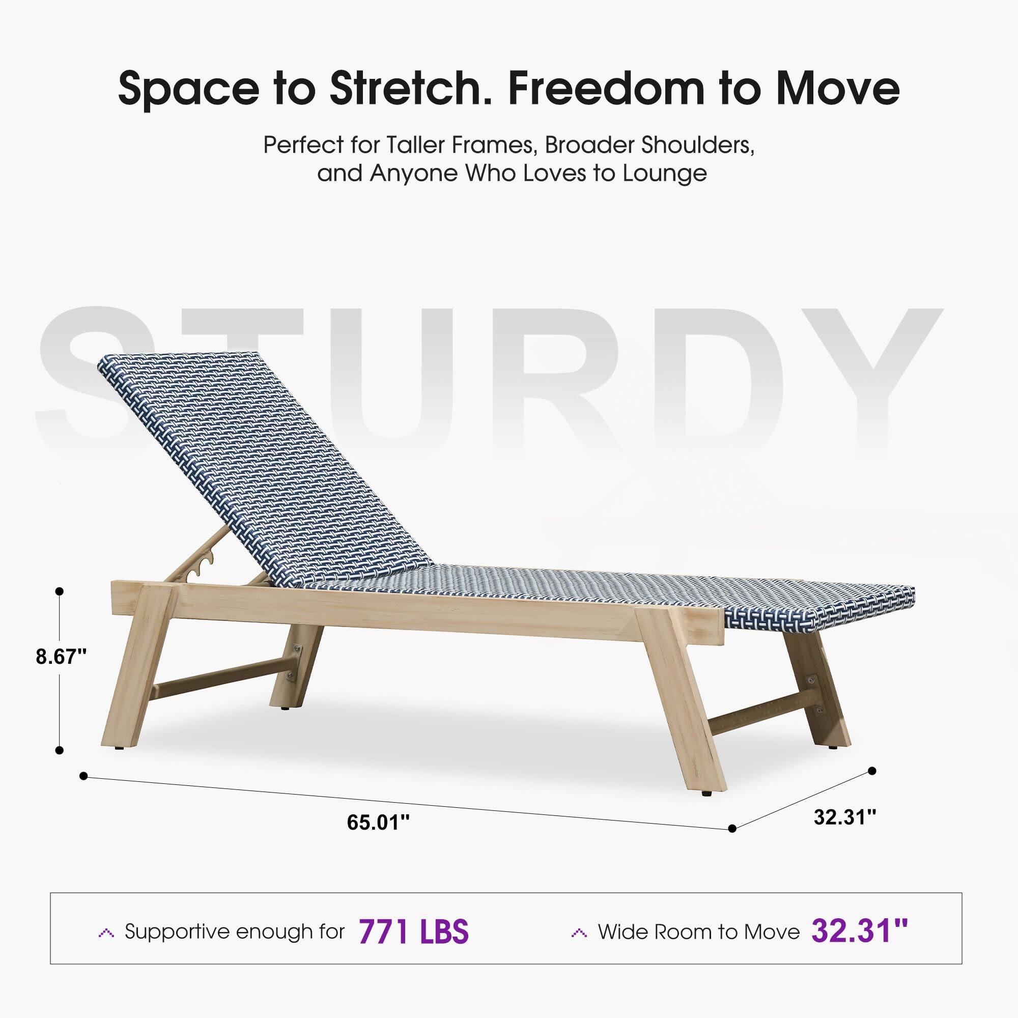 Space to Stretch. Freedom to Move  
Perfect for Taller Frames, Broader Shoulders, and Anyone Who Loves to Lounge  

STURDY  
8.67"  
65.01"  
32.31"  

Supportive enough for 771 LBS  
Wide Room to Move 32.31"