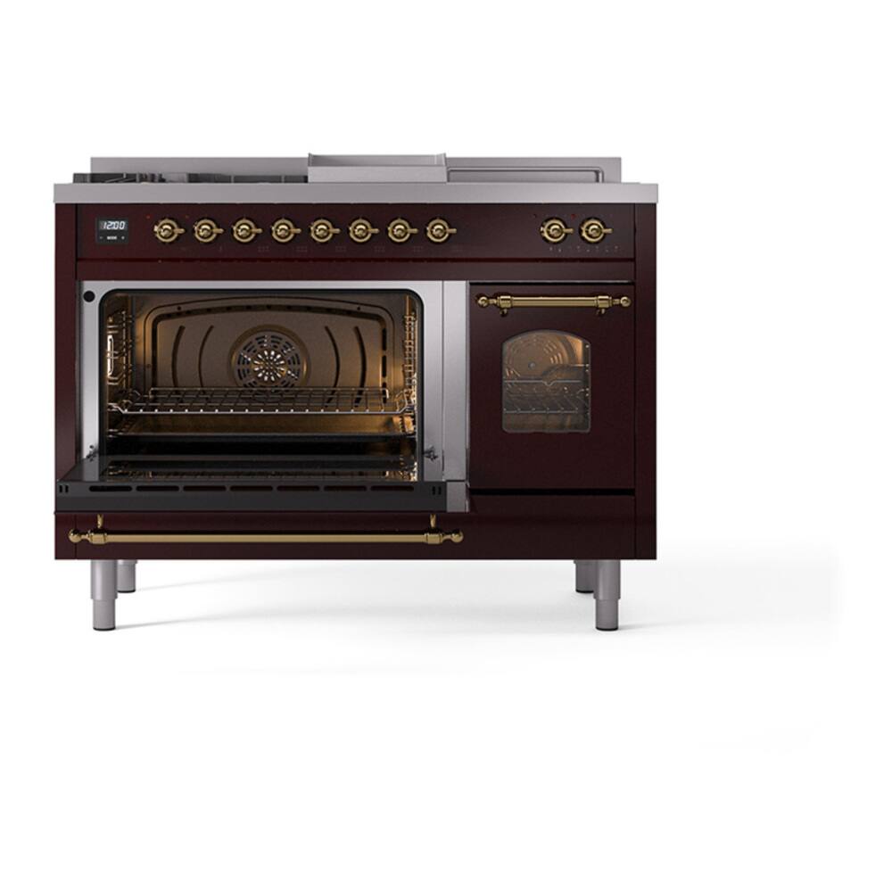 Alt View 5. ILVE - ILVE Nostalgie II Series 48 in. Dual Fuel Range with 5 Sealed Burners + Griddle (Natural Gas, Brass Trim) - Burgundy.
