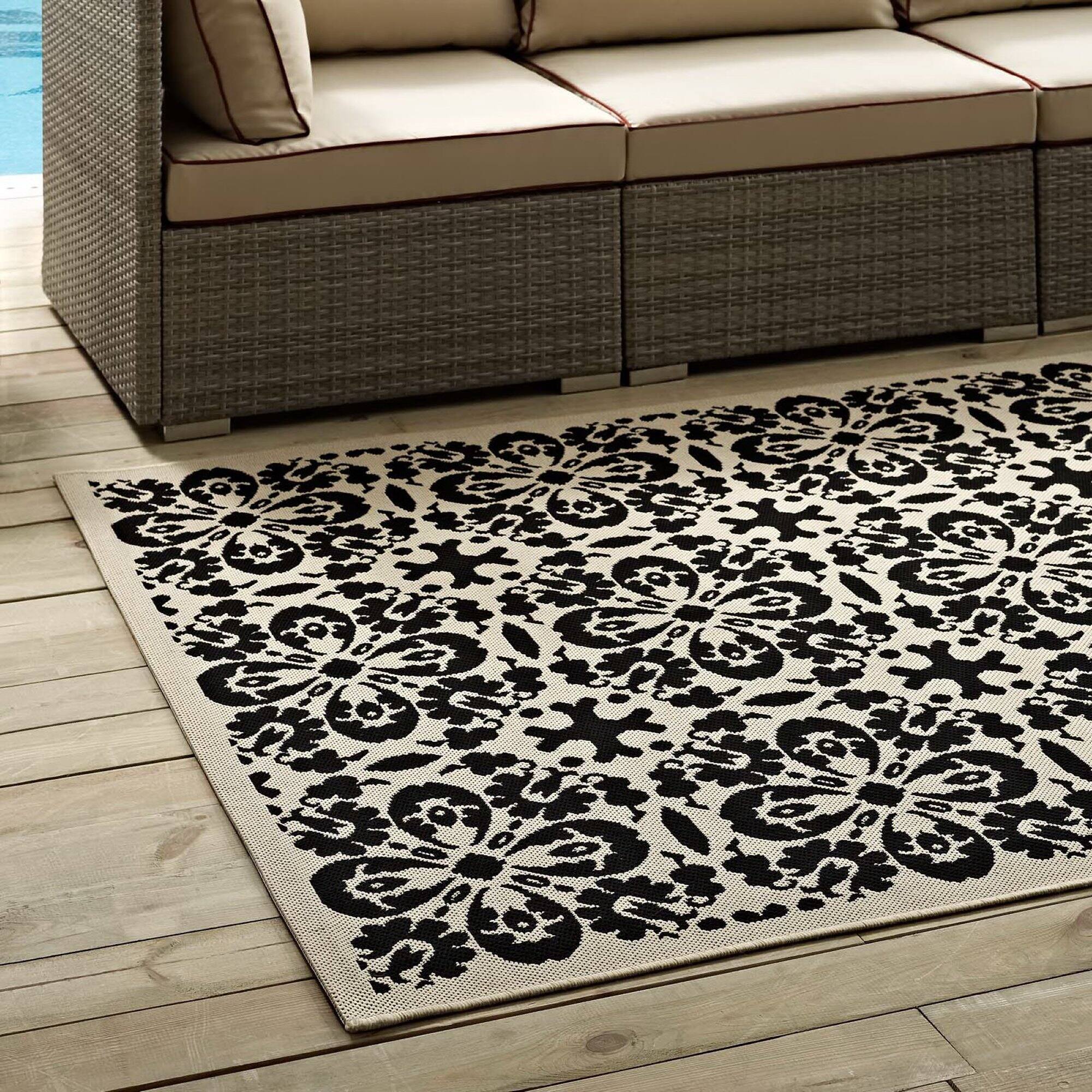 Back. Modway - Ariana Vintage Floral Trellis Indoor and Outdoor Area Rug - Black and Beige.