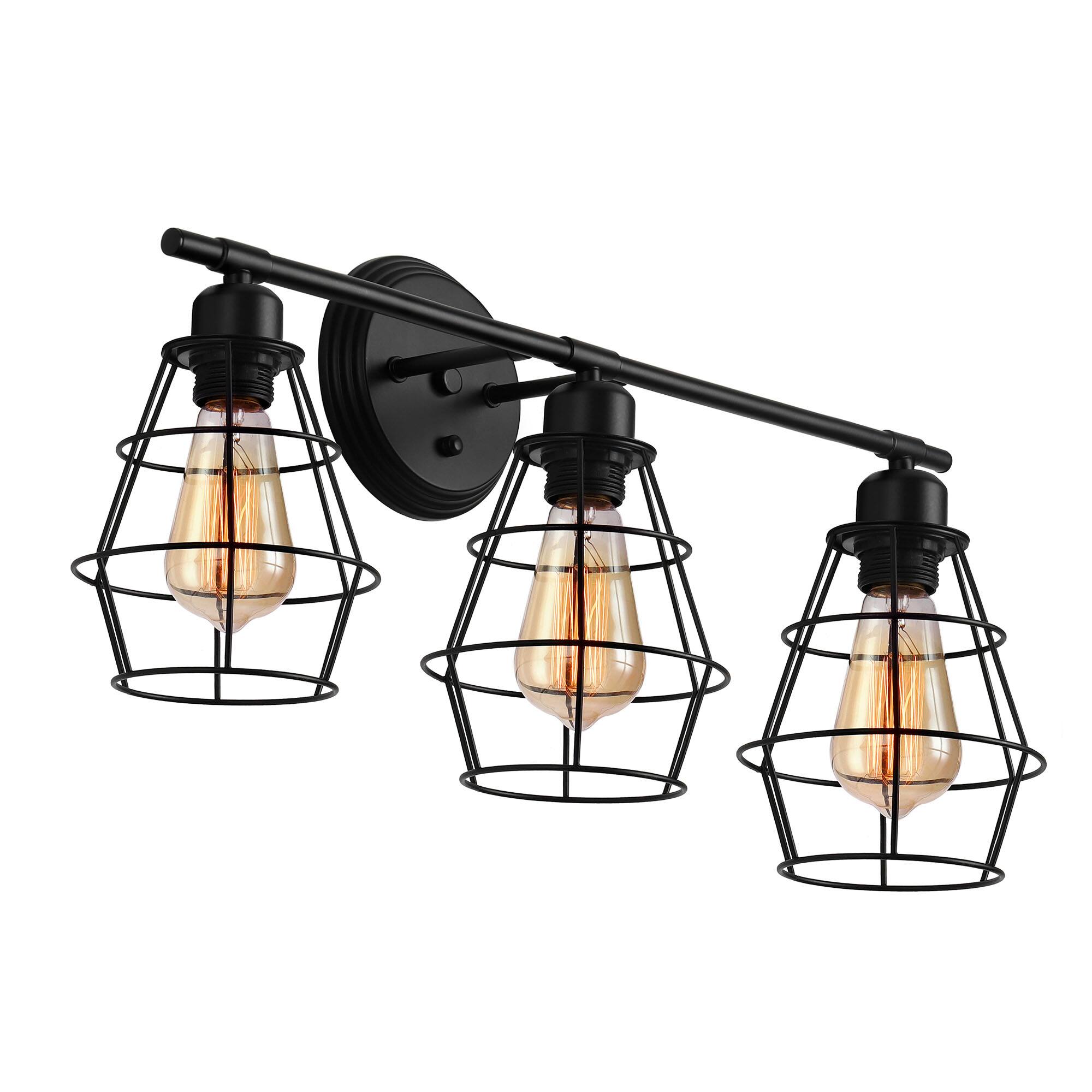 Front. Oumilen - 3-Light Industrial Wall Sconce – Black Metal Cage Shade, Vintage Bathroom Vanity Wall Light.