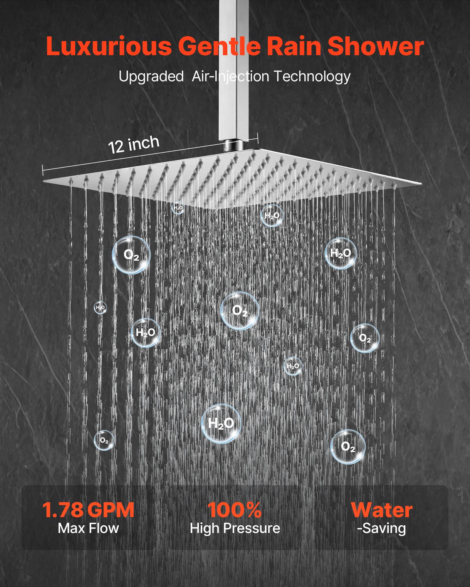 Luxurious Gentle Rain Shower, Upgraded Air-Injection Technology, 12 inch, H2O, O2, 1.78 GPM Max Flow, 100% High Pressure, Water -Saving