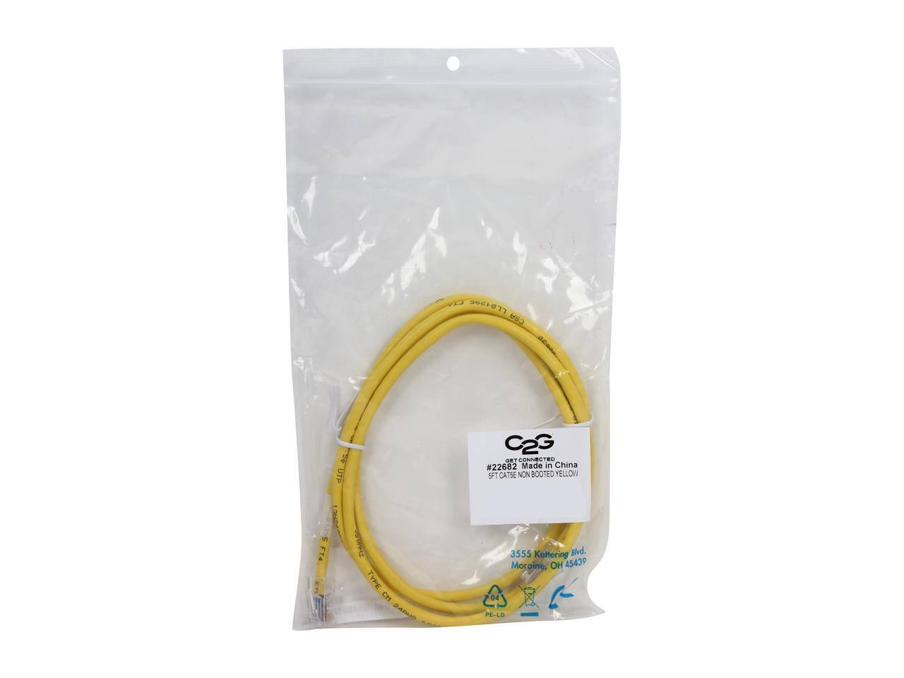 2 36C1077 CSA UTP C2G S.T CONNECTED #22682 Made in China 9FT CAT5E NON BOOTED YELLOW in FT4 Ts TYPE CH 3555 Kettering Blvd. Moraine, OH 45439 04 PE-LO