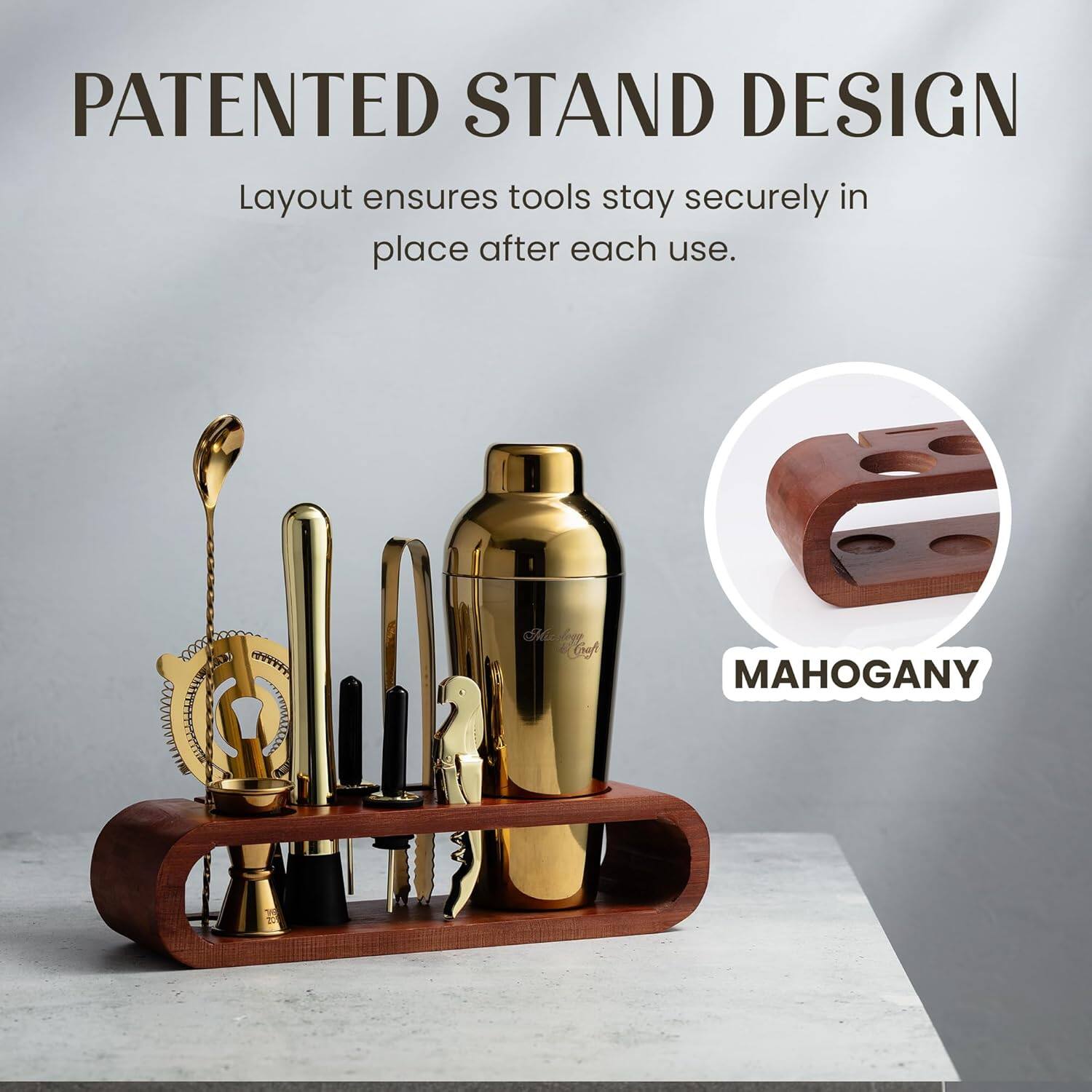 PATENTED STAND DESIGN  
Layout ensures tools stay securely in place after each use.  

MAHOGANY