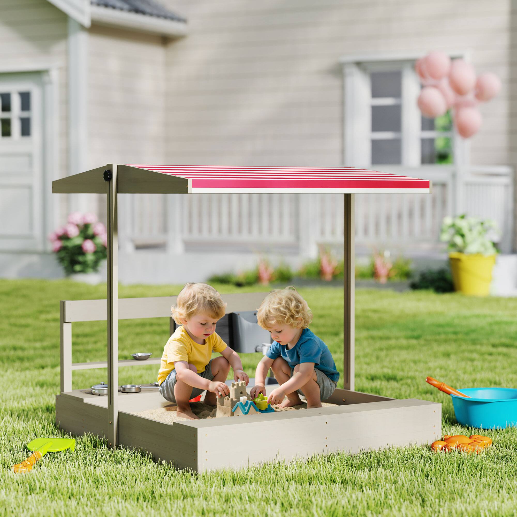 Angle. Outsunny - Kids Sandbox, Height Adjustable Canopy, Wooden, Backyard Toy, Kitchen Playset Accessories, Ages 3-7, Girls and Boys.