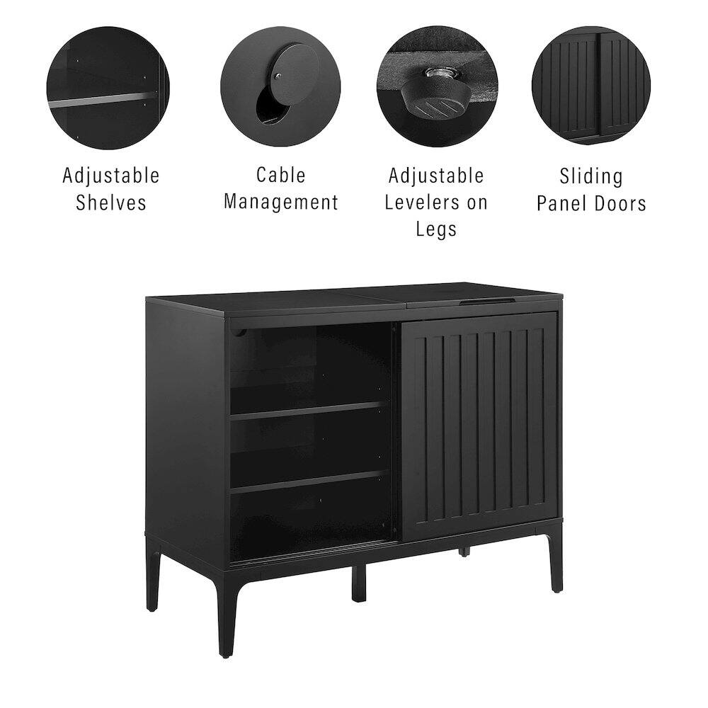 Adjustable Shelves, Cable Management, Adjustable Levelers on Legs, Sliding Panel Doors
