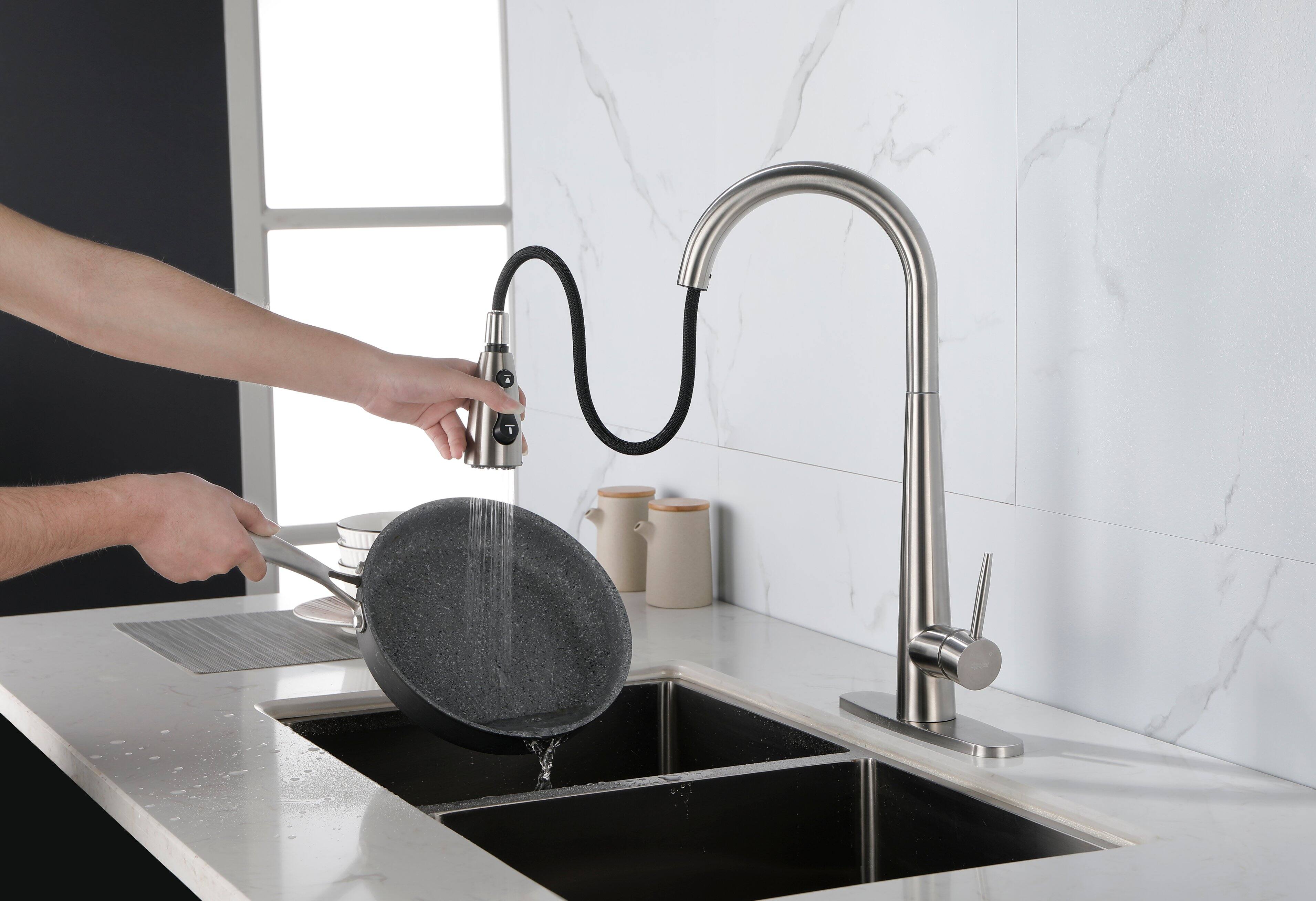 Back. Siljoy - Single Handle Stainless Steel Kitchen Sink Faucet with Pull Down Sprayer - Brushed Nickel.