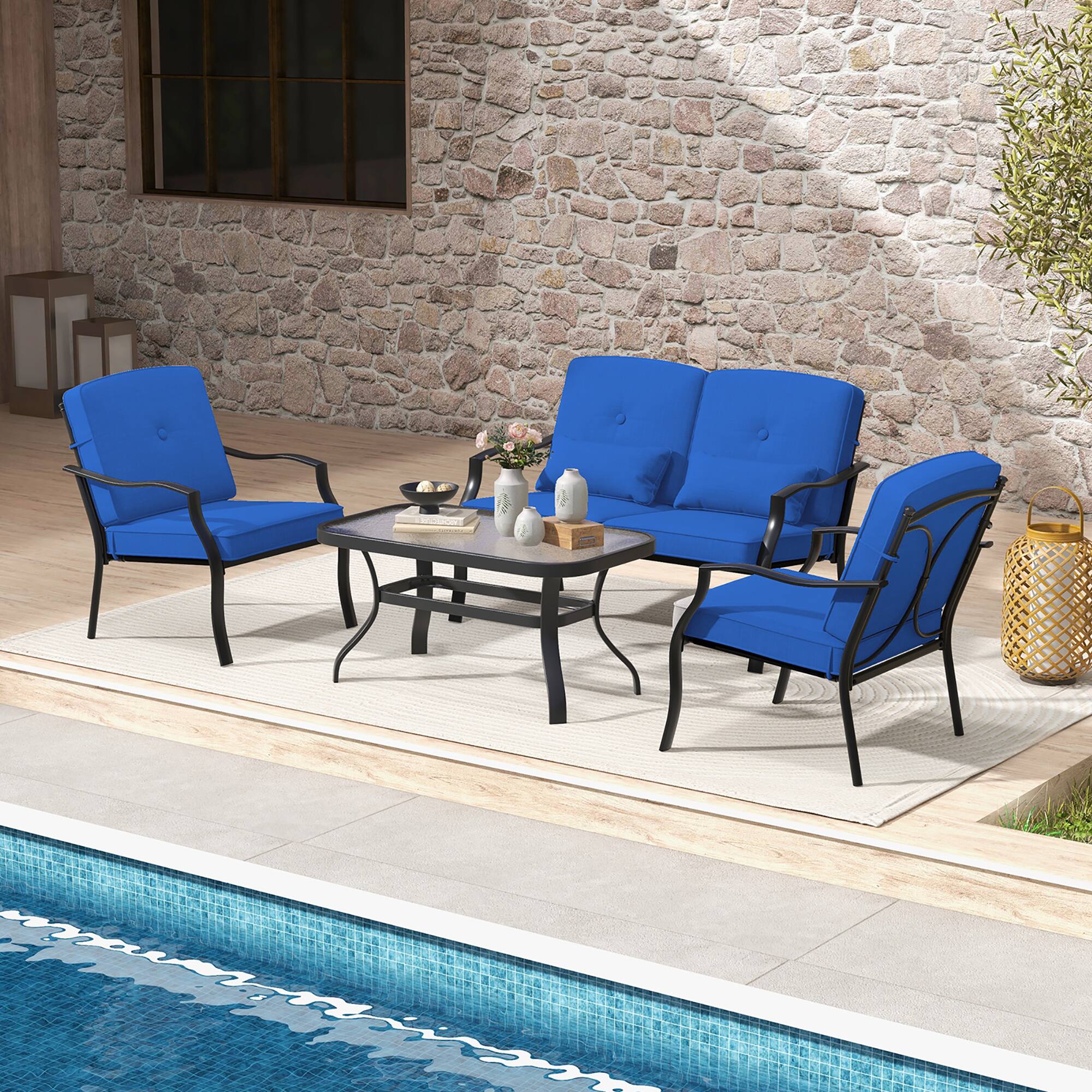 Alt View 1. Gymax - Gymax 4 PCS Patio Metal Chairs Outdoor Dining Seat Heavy Duty w/ Cushions Garden Blue - Blue.