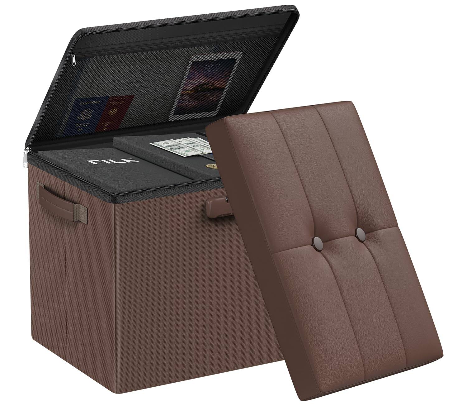 Front. JETRANSPORT - Storage Ottoman Lock Fireproof Folding Foot Rest Stool Chest Safe Important Documents Waterproof Inches - Brown 17"D x 13"W x 13"H.