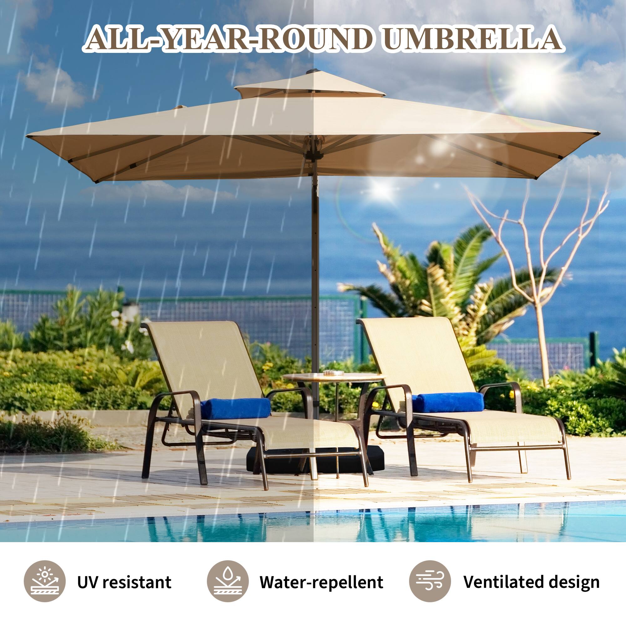 ALL-YEAR-ROUND UMBRELLA

- UV resistant
- Water-repellent
- Ventilated design