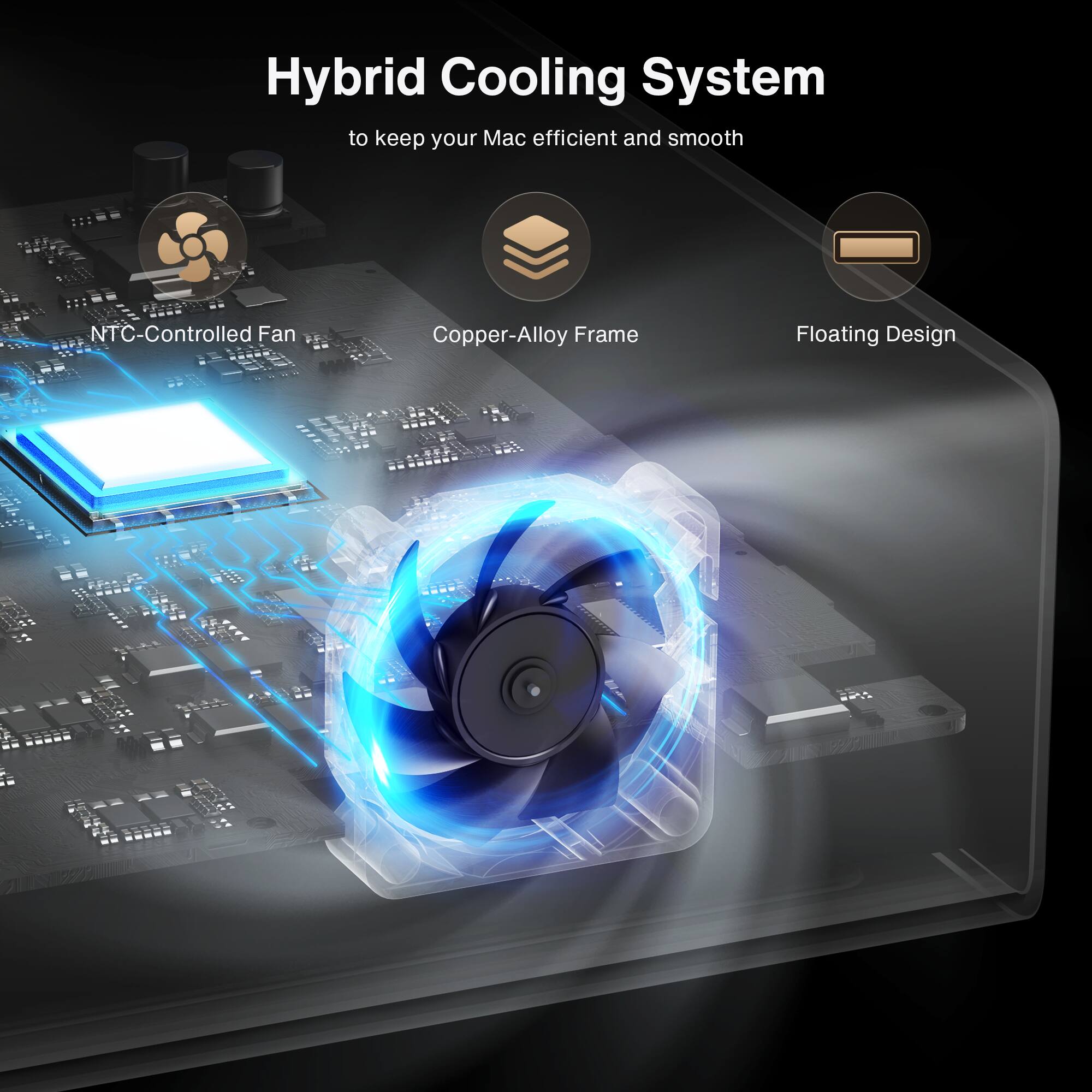 Hybrid Cooling System  
to keep your Mac efficient and smooth

- NTC-Controlled Fan
- Copper-Alloy Frame
- Floating Design