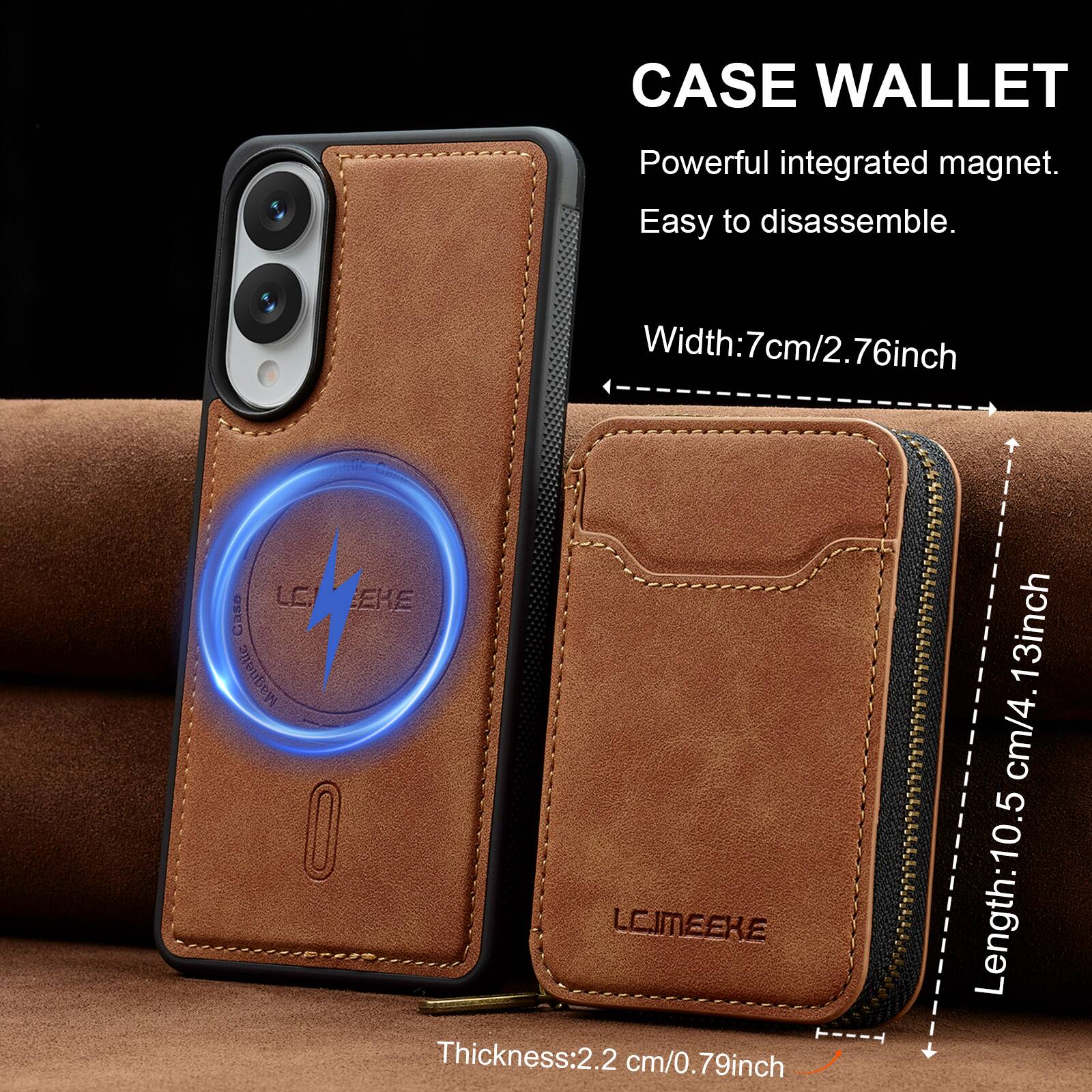 CASE WALLET  
Powerful integrated magnet.  
Easy to disassemble.  

Width: 7cm/2.76inch  
Thickness: 2.2 cm/0.79inch  
Length: 10.5 cm/4.13inch
