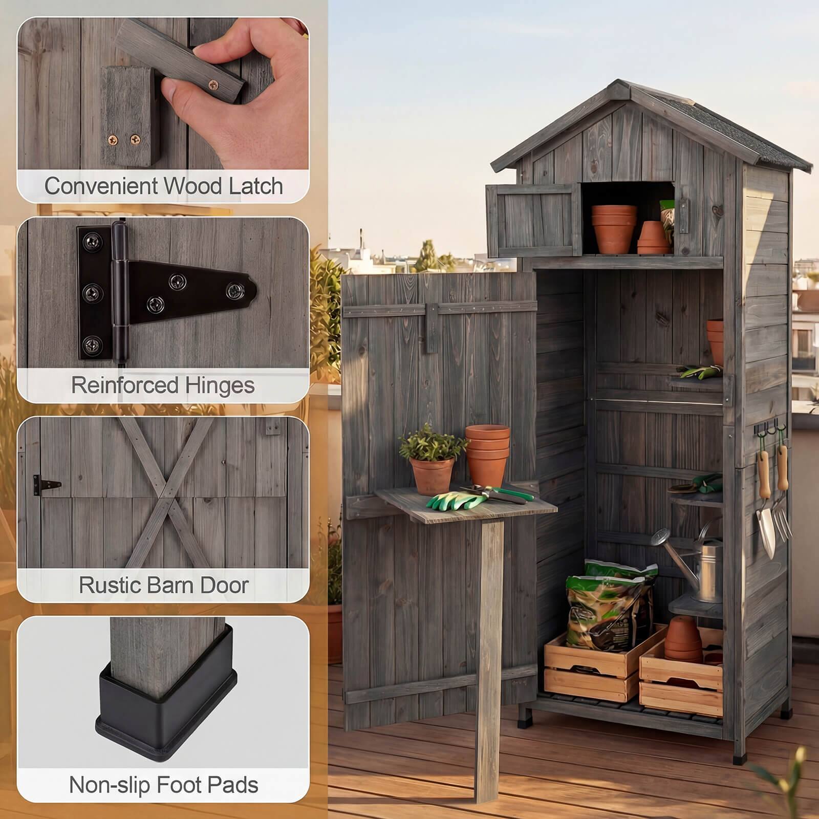 Convenient Wood Latch  
Reinforced Hinges  
Rustic Barn Door  
Non-slip Foot Pads