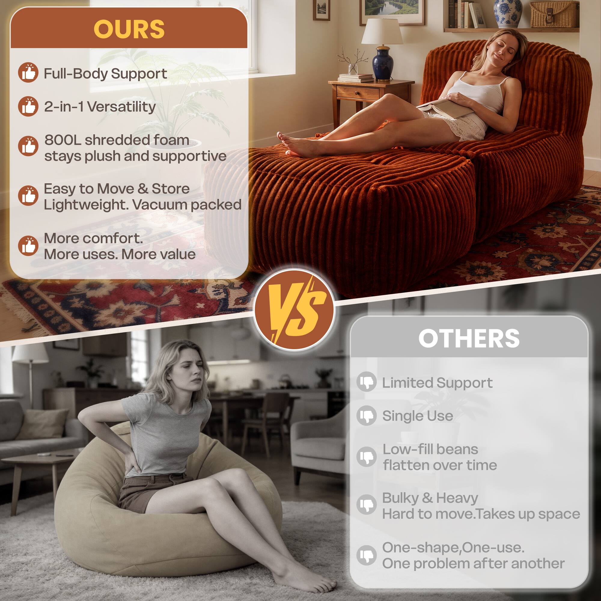 OURS
- Full-Body Support
- 2-in-1 Versatility
- 800L shredded foam stays plush and supportive
- Easy to Move & Store Lightweight. Vacuum packed
- More comfort. More uses. More value

VS

OTHERS
- Limited Support
- Single Use
- Low-fill beans flatten over time
- Bulky & Heavy Hard to move. Takes up space
- One-shape, One-use. One problem after another