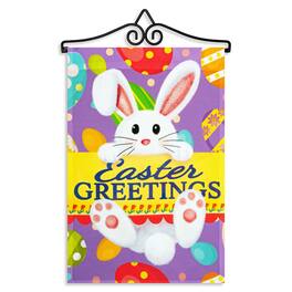 G128 - Combo Garden Flag Hanger 14.2-inch with 12x18-inch Easter Bunny Eggs Flag, Printed 150D Polyester - Purple