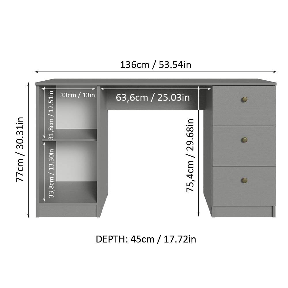 - Width: 136cm / 53.54in
- Height: 77cm / 30.31in
- Depth: 45cm / 17.72in

- Left Section:
  - Height: 33cm / 13in
  - Shelf 1: 31.8cm / 12.51in
  - Shelf 2: 33.8cm / 13.30in

- Right Section:
  - Height: 75.4cm / 29.68in
  - Drawer 1: 63.6cm / 25.03in
  - Drawer 2: 63.6cm / 25.03in