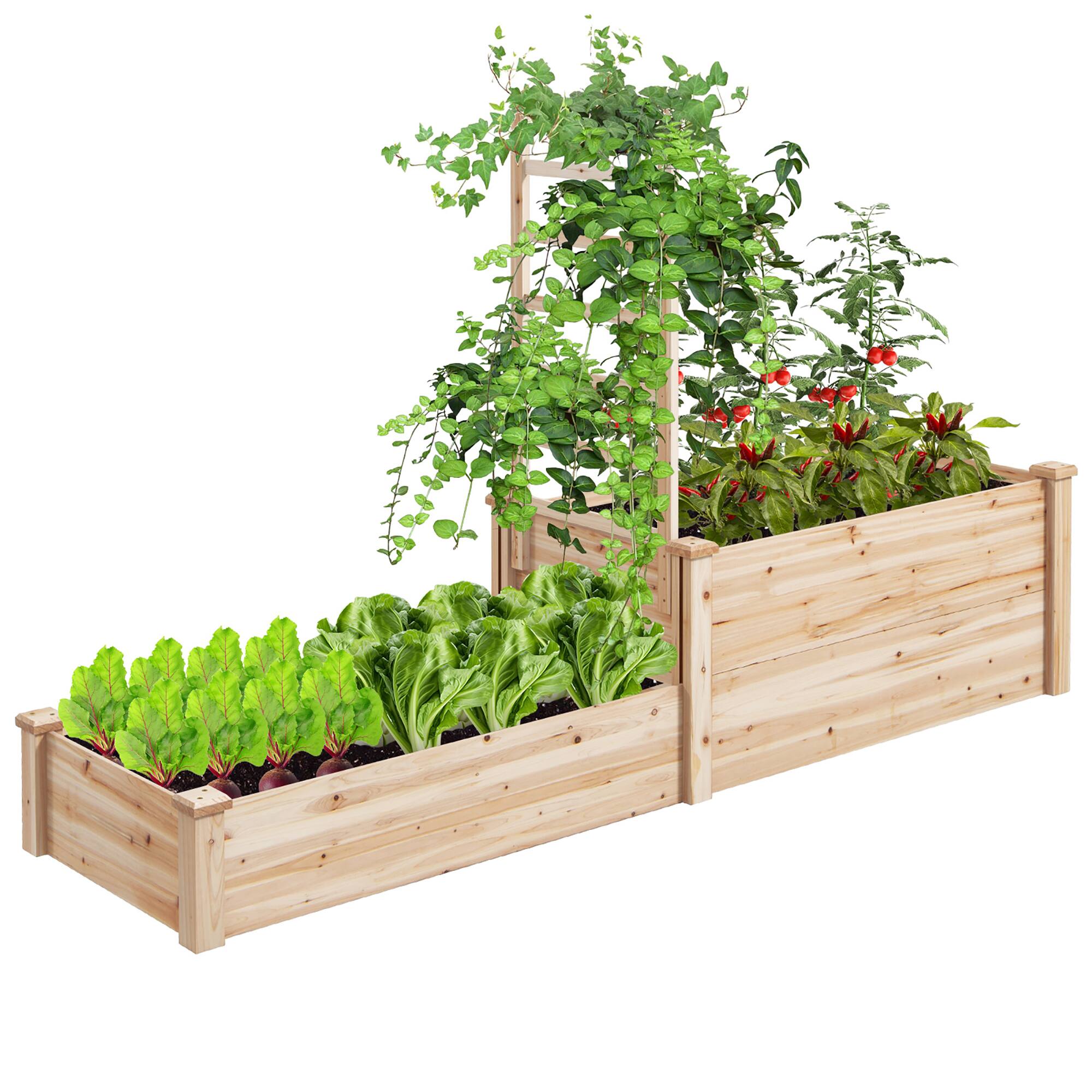 Alt View 9. Gymax - Gymax Raised Garden Bed w/ 2 Planter Boxes & Trellis Outdoor Wooden Planter Box Kit for Sapling - Natural.