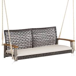 Costway - 2-Person Patio Rattan Hanging Swing Chair Porch Loveseat Cushion - Off White