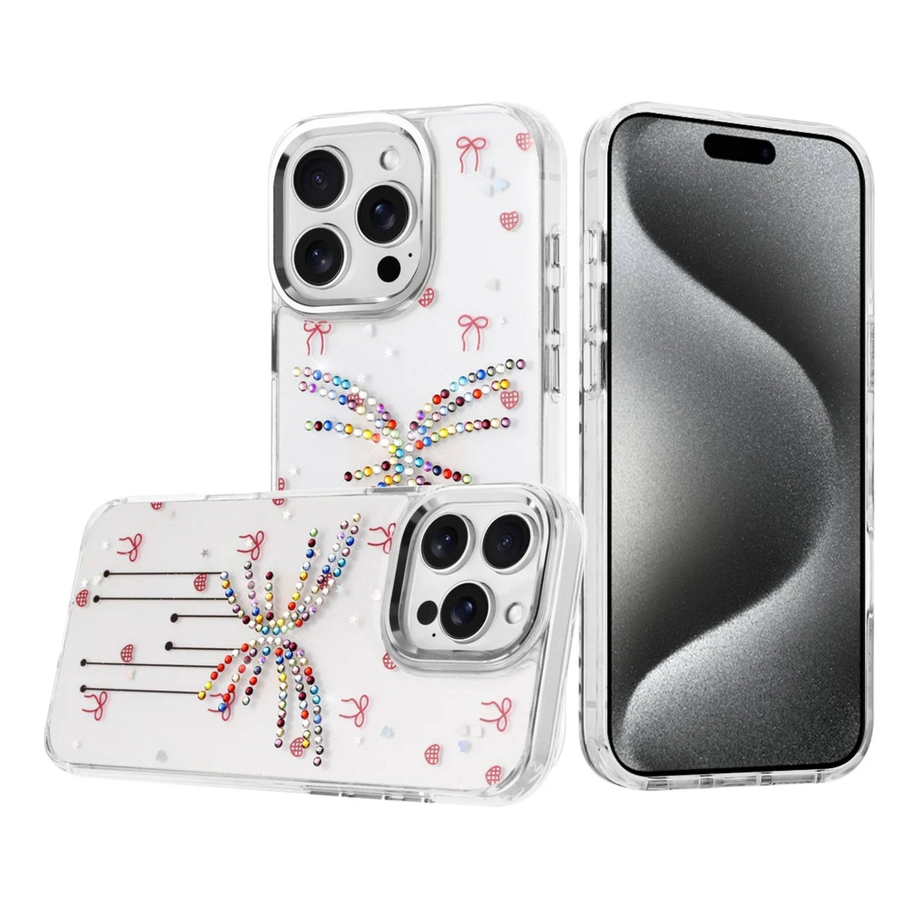 Angle. Kitcheniva - Colorful Epoxy Design Plastic Jewel Phone Case With 2 Pcs Tempered Glass For iPhone 15 Pro Max Butterfly - Multicolor.