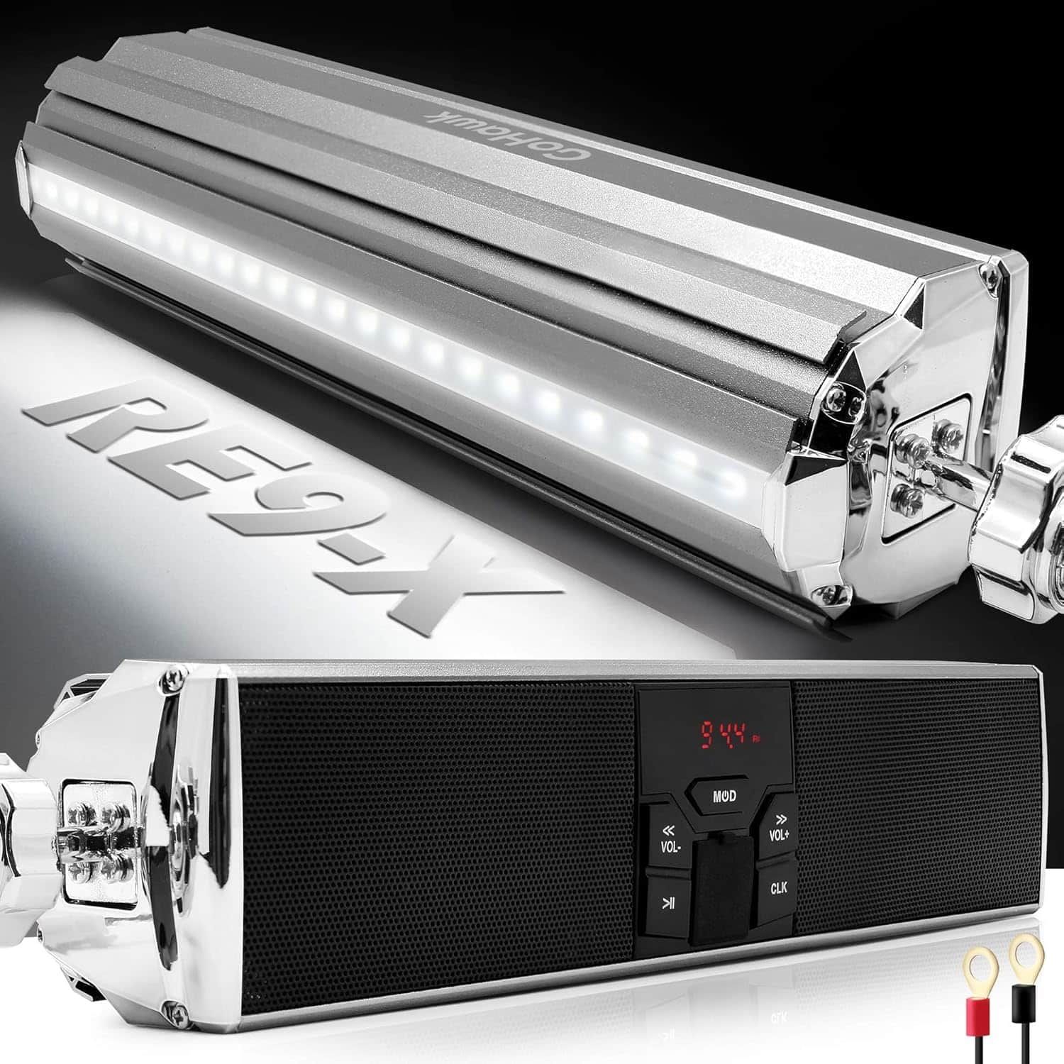 GoHawk - Bluetooth Motorcycle Speakers, Waterproof Soundbar Stereo Audio Stereo System w/ LED, FM Radio,USB Music for ATV, RE9-X - Silver