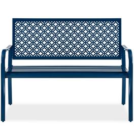 Best Choice Products - Indoor Outdoor Steel Garden Bench w/ Geometric Backrest, Foot Levelers - Peacock Blue