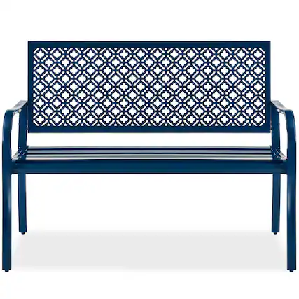 Front. Best Choice Products - Best Choice Products Indoor Outdoor Steel Garden Bench w/ Geometric Backrest, Foot Levelers - Peacock Blue - Peacock Blue.