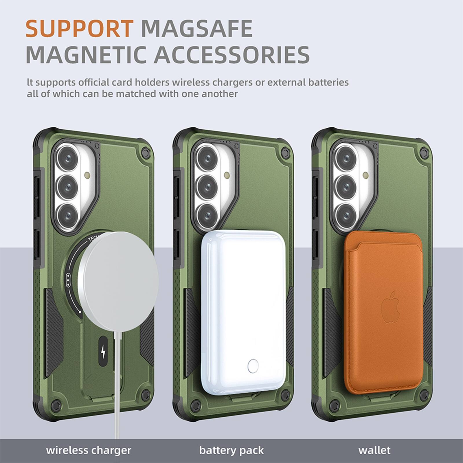 SUPPORT MAGSAFE MAGNETIC ACCESSORIES

It supports official card holders, wireless chargers, or external batteries, all of which can be matched with one another.

wireless charger  
battery pack  
wallet