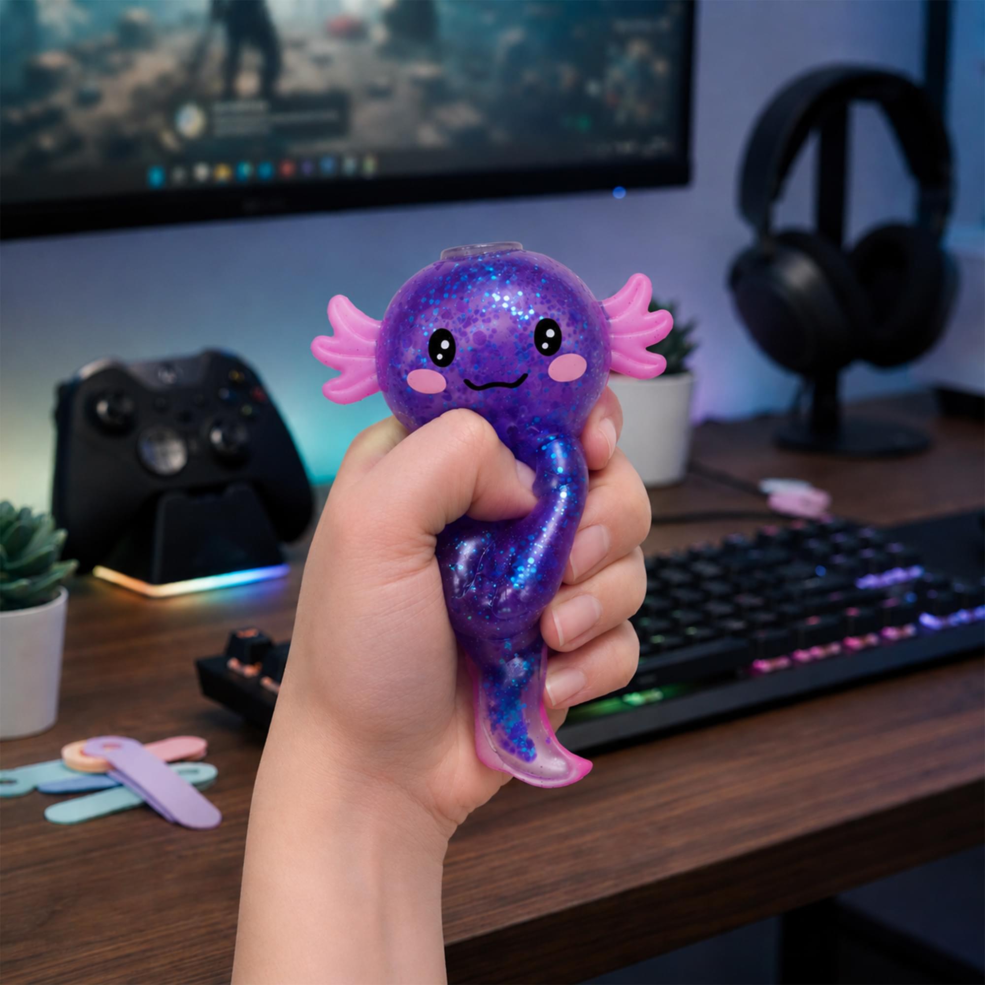Alt View 2. Puka Creations - Axolotl Glitter Squishy 4-Inch Stress Reliever | Purple - Purple.