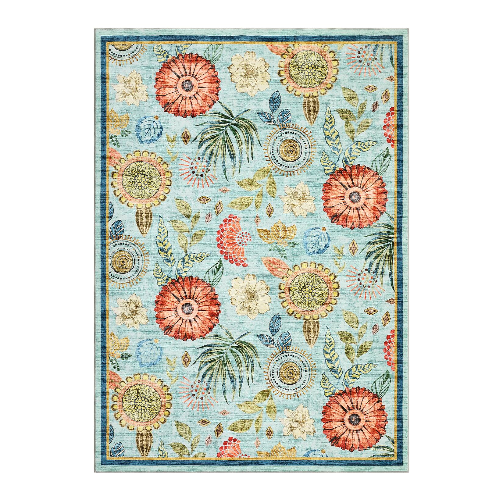 Front. GAOMON - Contemporary Floral Area Rug Machine Washable Low Pile Pet Friendly Foldable Floor Cover for Living Room Bathroom - Light Blue.