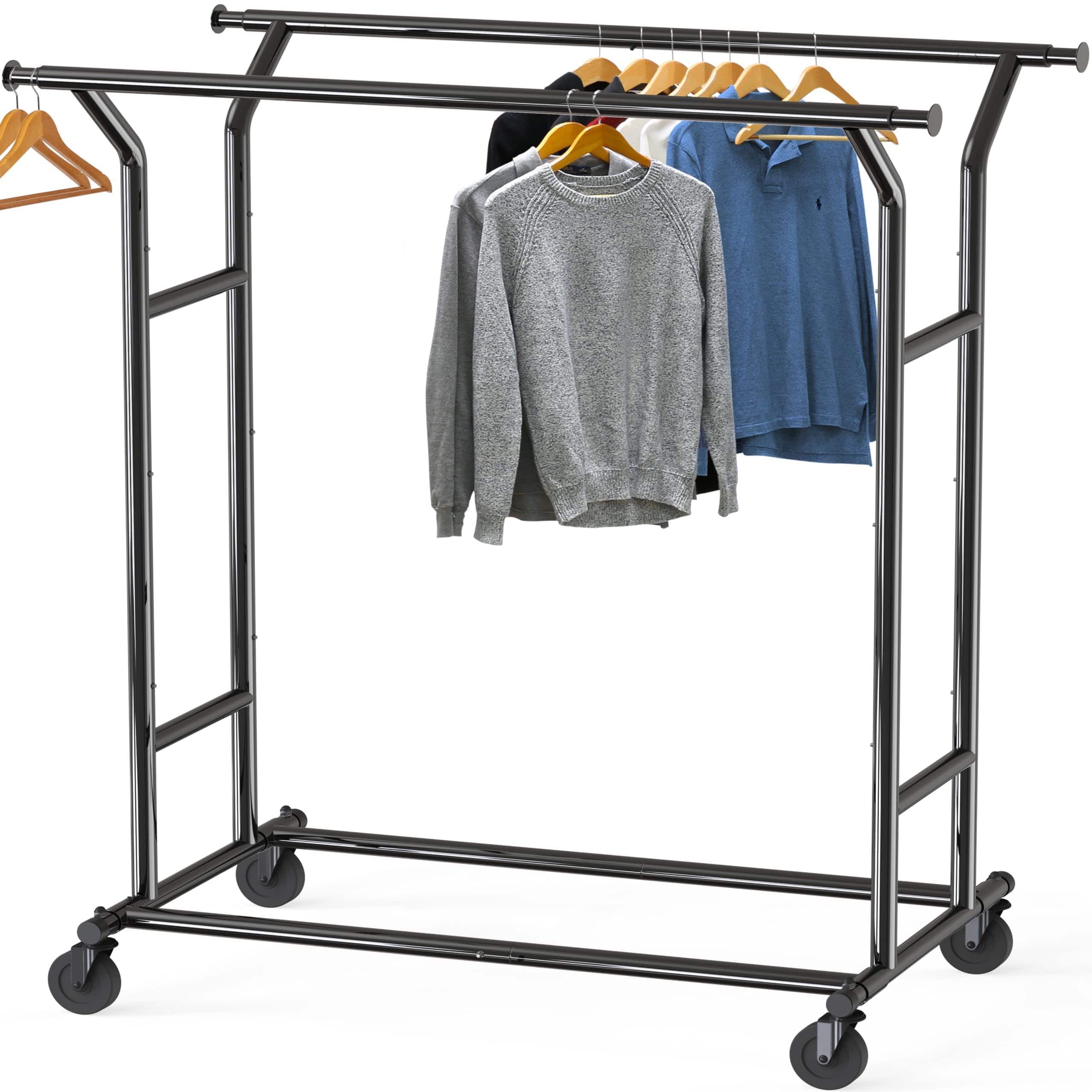 Refined Abode Design - Heavy Duty Double Rail Clothing Garment Rack Holds Up To 200 Lbs 43 67 Inches Extendable Rod Chrome - Black