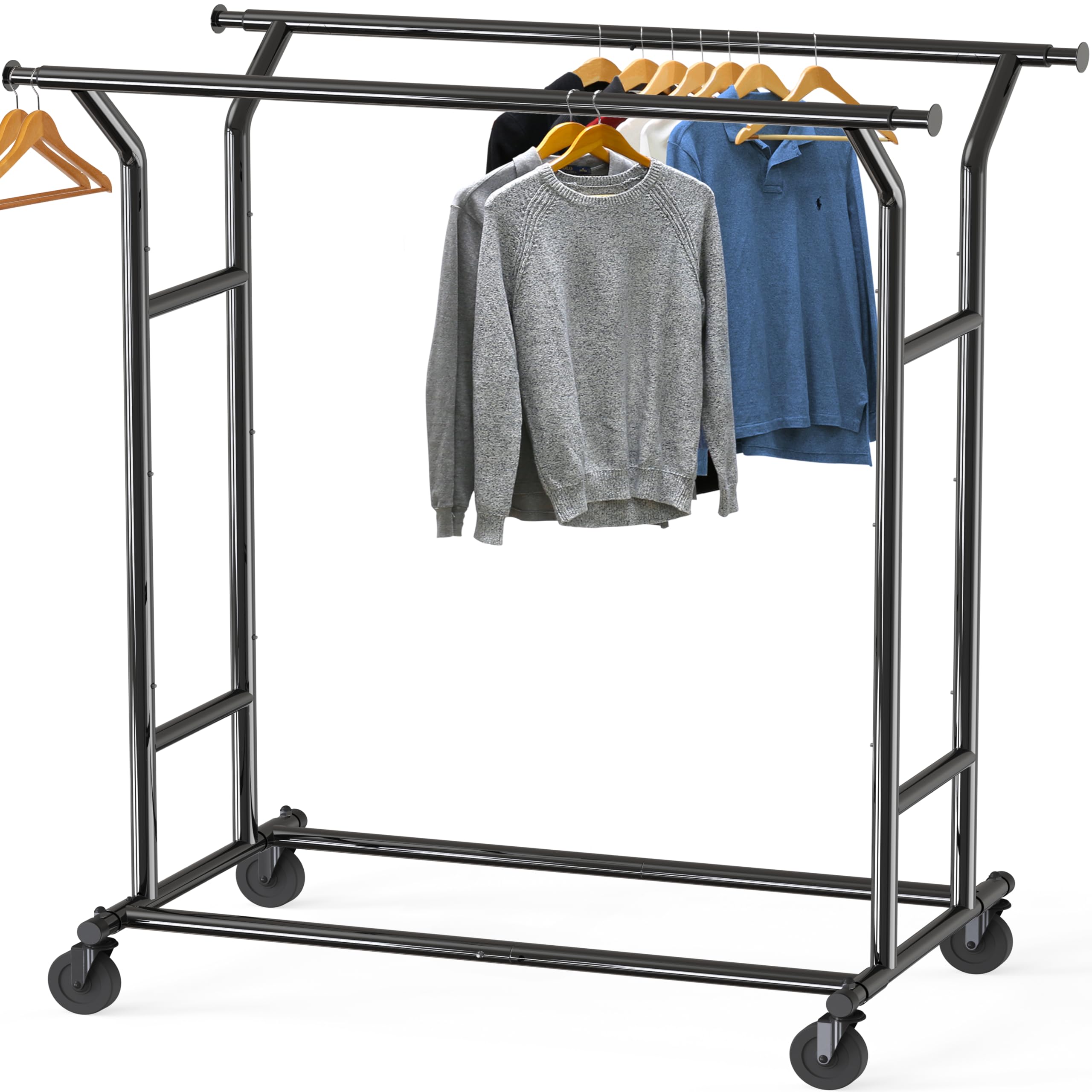 Front. Refined Abode Design - Heavy Duty Double Rail Clothing Garment Rack  Holds Up To 200 Lbs 43 67 Inches Extendable Rod Chrome - Black.