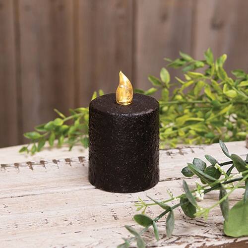 Angle. BreeBe - Warm Glow Textured Black Flicker Flame Timer Pillar 2.5" - Black.