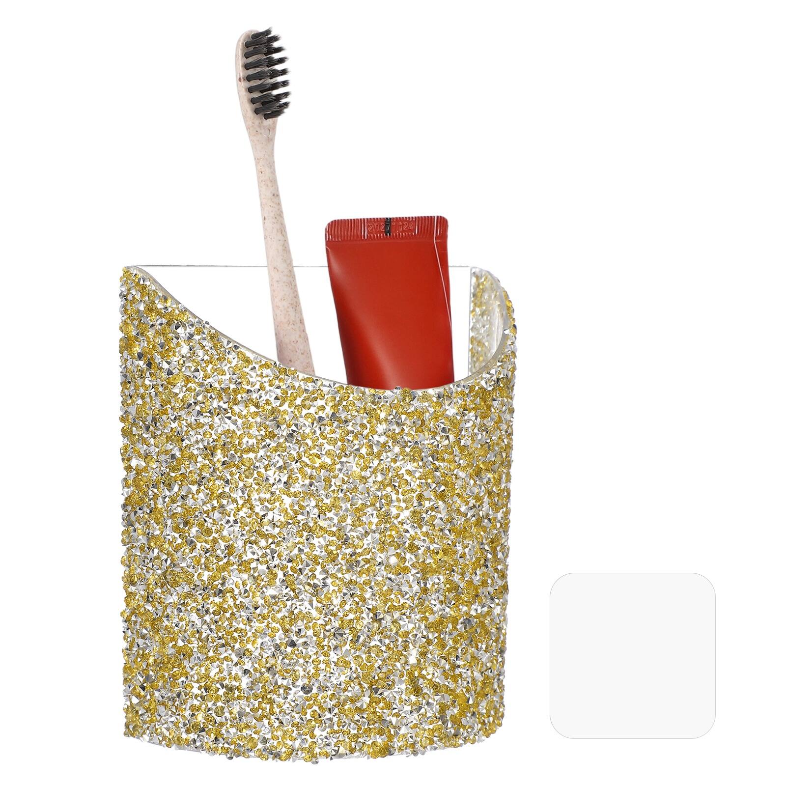 Front. Unique Bargains - 4.3 x 4.7 inch Wall-Mounted Makeup Brush Holder with Clear for Makeup Pencils, for Dressing Table or Bathroom Wall - Light Gold.