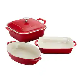 Staub - Ceramic 4-pc Baking Pans Set, Casserole Dish with Lid, Brownie Pan - Cherry