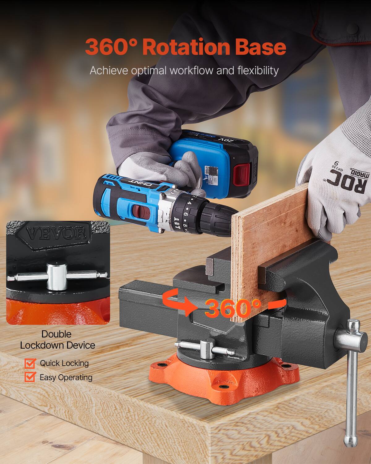 360° Rotation Base  
Achieve optimal workflow and flexibility  

Double Lockdown Device  
✓ Quick Locking  
✓ Easy Operating  

360°