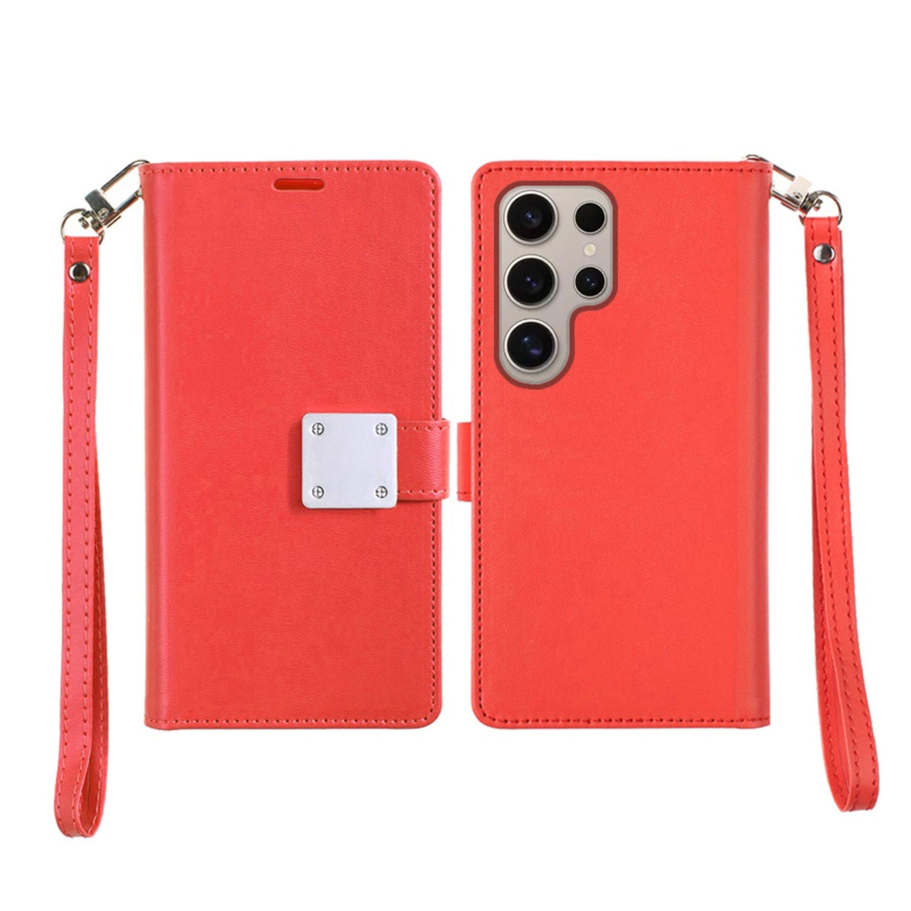 Angle. Kitcheniva - Vegan Leather Phone Case With Card Holder & Tempered Glass For Samsung Galaxy S25 Ultra Red - Red.