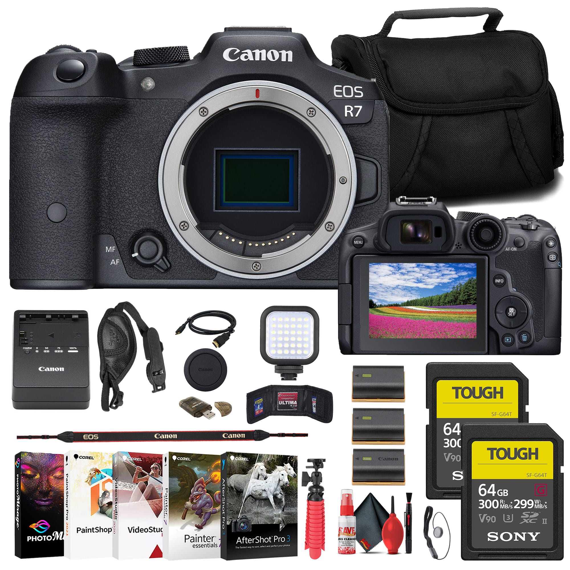 Canon - EOS R7 Mirrorless Camera + 2 x Sony 64GB TOUGH SD Card + Bag + More